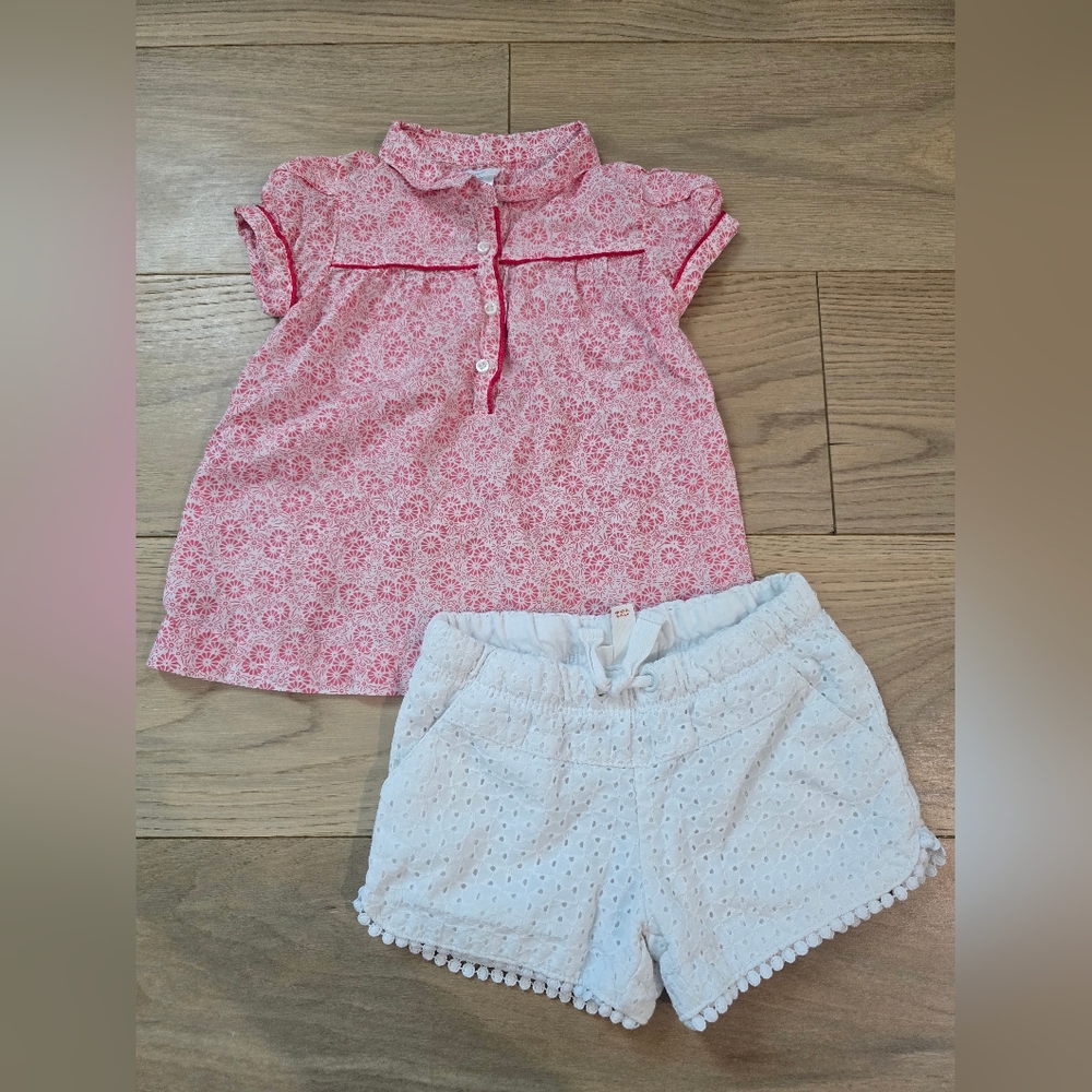 VGUC Pink Floral Baby Top with White Eyelet Shorts